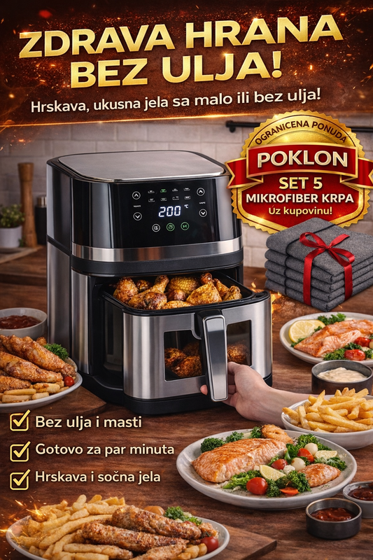 FRITEZA BEZ ULJA – VELIKA AIR FRYER PEĆNICA 2400W 8L PRAVIH + POKLON Set 5 Mikrofiber Krpa