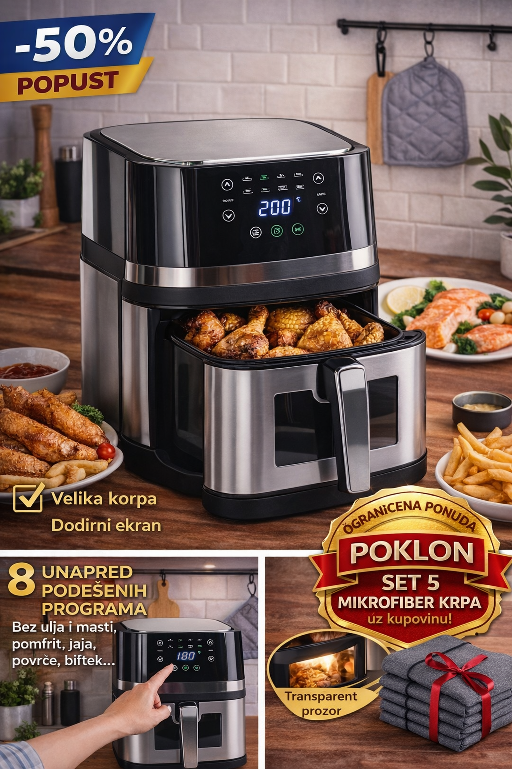 FRITEZA BEZ ULJA – VELIKA AIR FRYER PEĆNICA 2400W 8L PRAVIH + POKLON Set 5 Mikrofiber Krpa