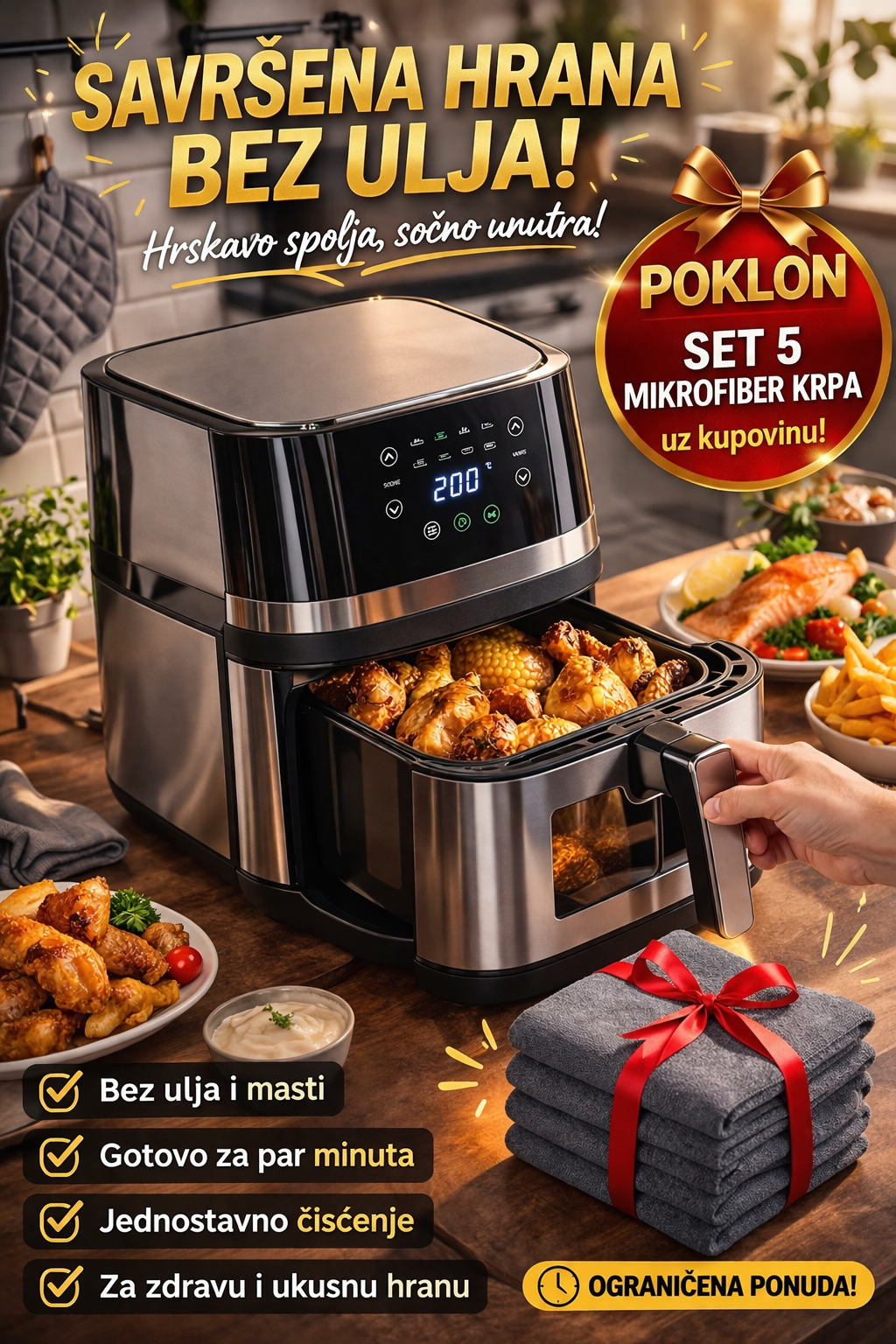 FRITEZA BEZ ULJA – VELIKA AIR FRYER PEĆNICA 2400W 8L PRAVIH + POKLON Set 5 Mikrofiber Krpa