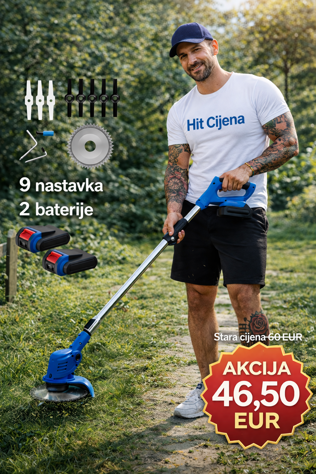 Aku Trimer za Travu + 2 Baterije i 9 Nastavaka