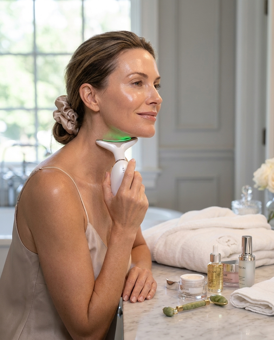 Woman using EMS face and neck lifting device, luxury skincare lifestyle