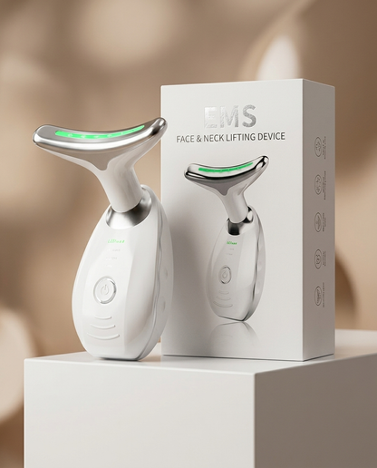 EMS face lifting device with retail box packaging on white podium